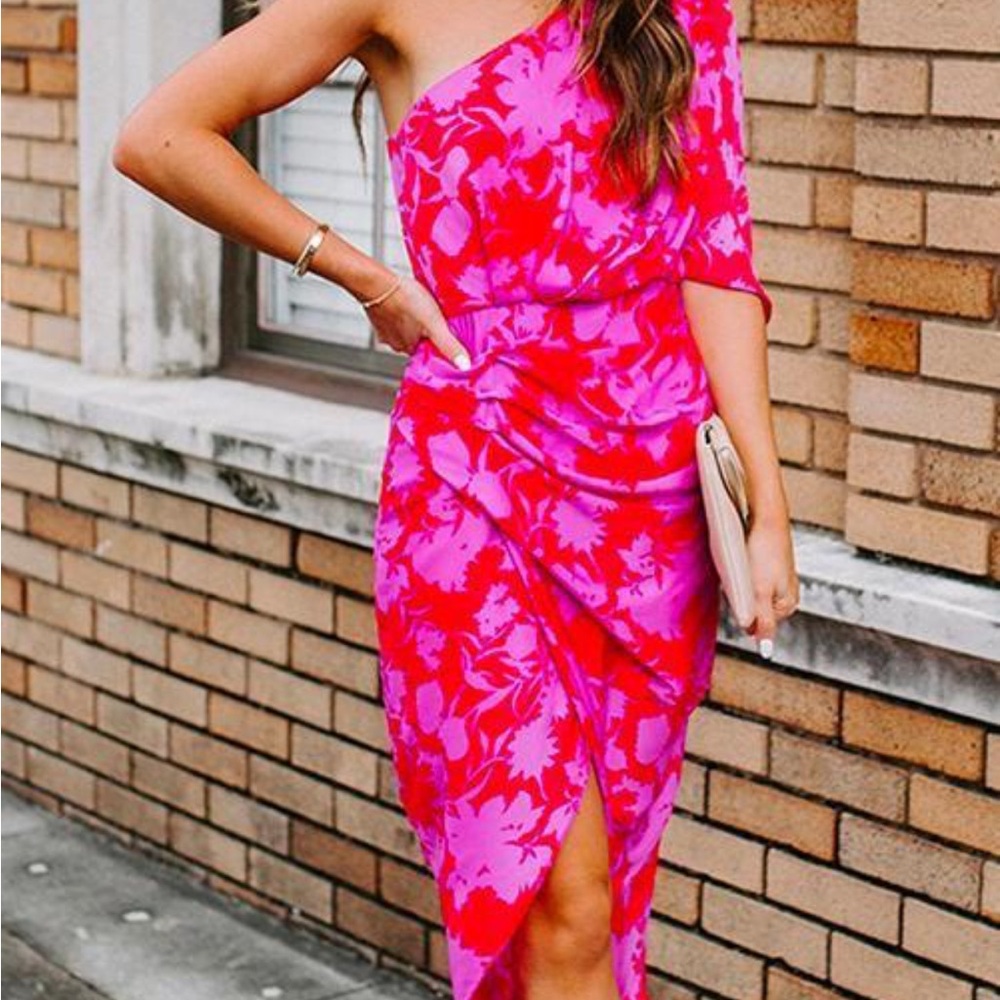 Elegant Pink Floral One-Shoulder Dress